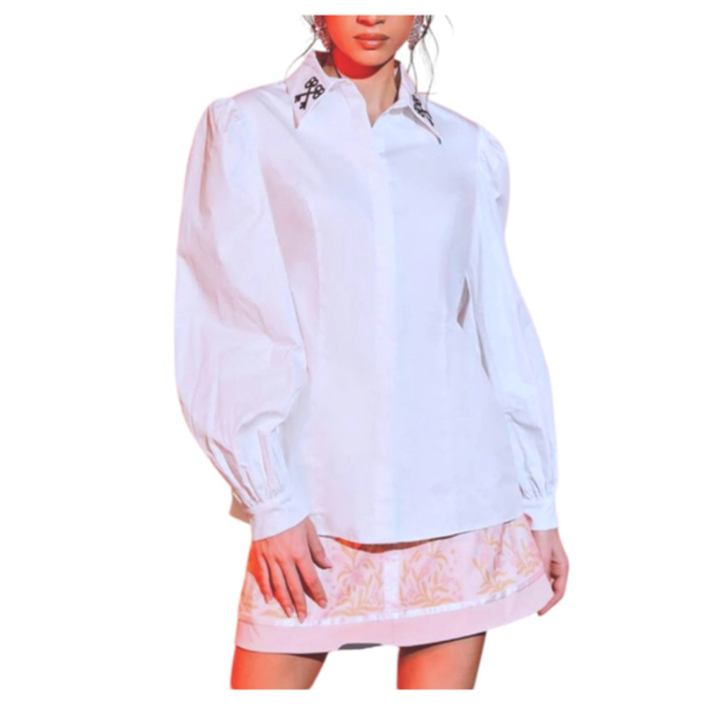 Shein X Elegant Blouse Features a Crisp White Embroidered Key Puff Sleeve New S